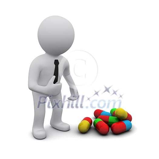 small three-dimensional man standing near a heap of colored tablets small three-dimensional man standing near a heap of colored tablets
