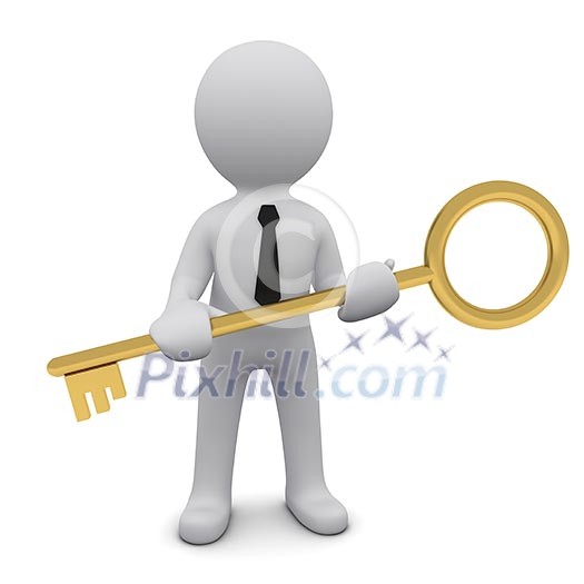 3D man wearing tie and holding gold key 3D man wearing tie and holding gold key