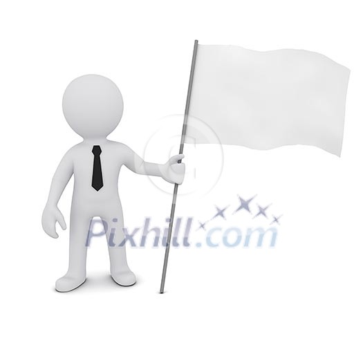 small three-dimensional man holding a white flag fluttering small three-dimensional man holding a white flag fluttering