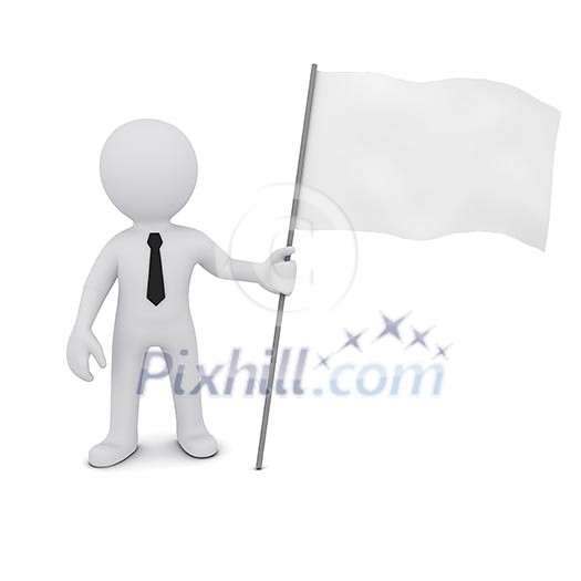 small three-dimensional man holding a white flag fluttering