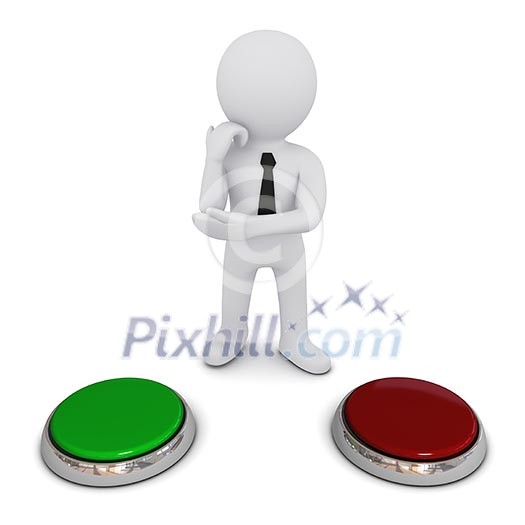 small three-dimensional man chooses which button to press, green or red small three-dimensional man chooses which button to press, green or red