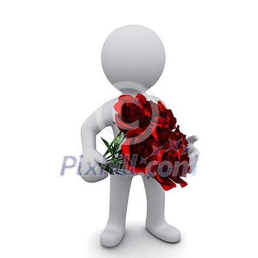 A small three-dimensional people with a bouquet of red roses in their hands A small three-dimensional people with a bouquet of red roses in their hands