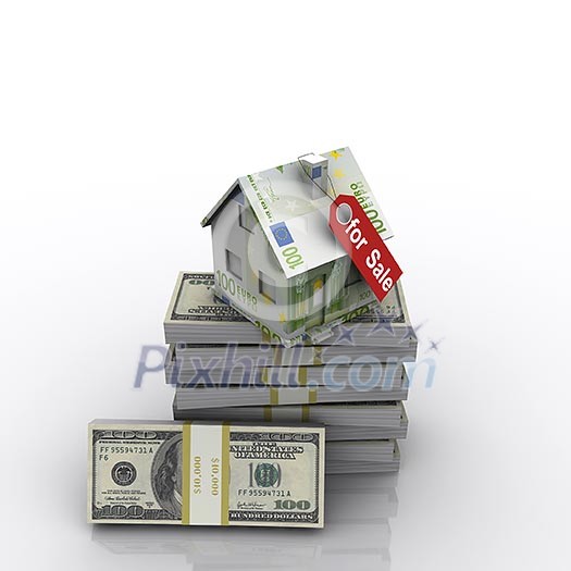 small three-dimensional house of banknotes with a red tag. small three-dimensional house of banknotes with a red tag.
