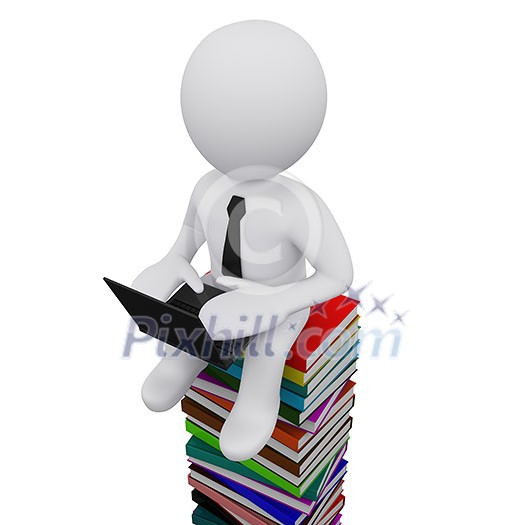 3D man sitting on a pile of books with computer 3D man sitting on a pile of books with computer