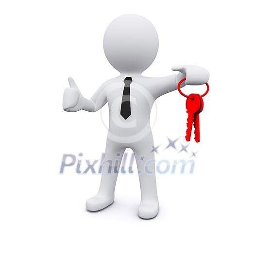 3D man standing and holding red keys 3D man standing and holding red keys