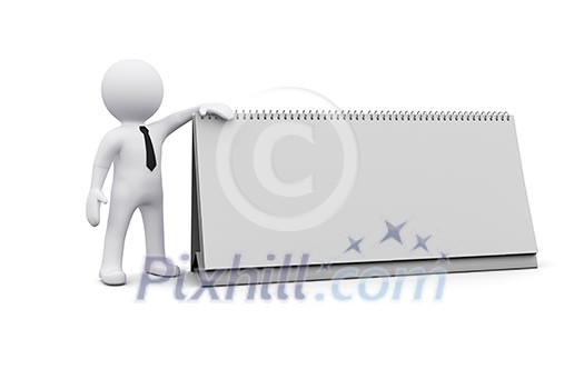 3D man standing next to blank white board 3D man standing next to blank white board
