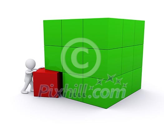 3D man building big cube with blocks 3D man building big cube with blocks