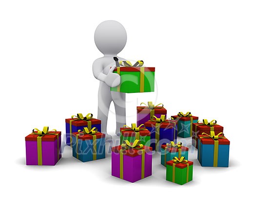 3D man with a lot of presents in boxes 3D man with a lot of presents in boxes