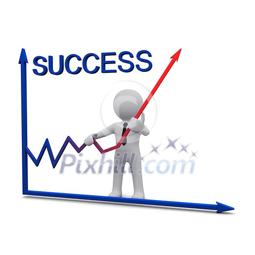 3D man stabding near success graph and holding up red arrow