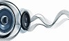image of speakerphones and sound against white background