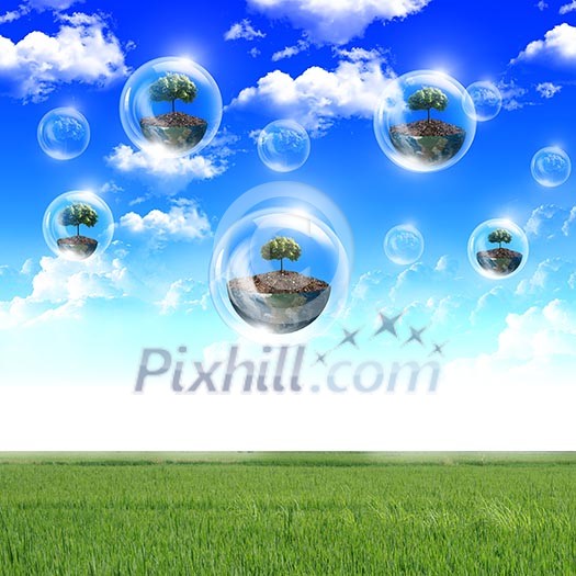 Abstract bubbles against the blue sky and clouds. Symbol of environmental protection. Collage. Abstract bubbles against the blue sky and clouds. Symbol of environmental protection. Collage.