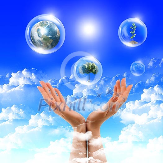 Abstract bubbles against the blue sky and clouds. Symbol of environmental protection. Collage. Abstract bubbles against the blue sky and clouds. Symbol of environmental protection. Collage.