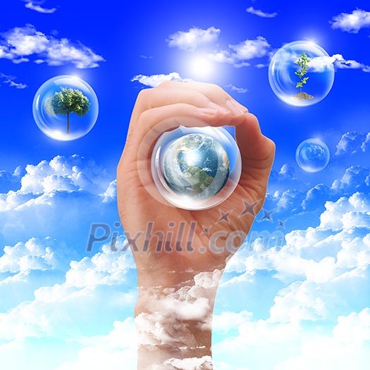 Abstract bubbles against the blue sky and clouds. Symbol of environmental protection. Collage. Abstract bubbles against the blue sky and clouds. Symbol of environmental protection. Collage.