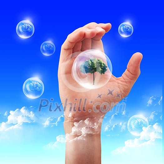 Abstract bubbles against the blue sky and clouds. Symbol of environmental protection. Collage. Abstract bubbles against the blue sky and clouds. Symbol of environmental protection. Collage.