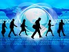 Silhouettes of people in the abstract business background.