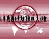 business people standing against world map background