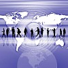 business people standing against world map background