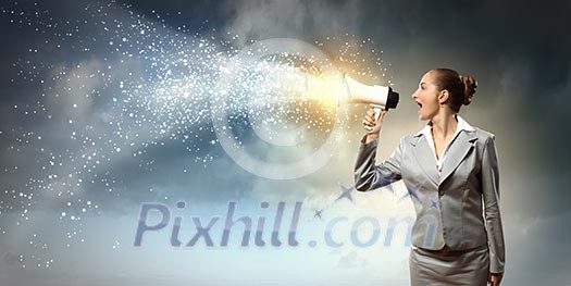 businesswoman in grey suit screaming into megaphone businesswoman in grey suit screaming into megaphone