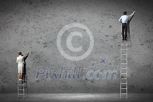 businesspeople standing on ladder drawing diagrams and graphs on wall businesspeople standing on ladder drawing diagrams and graphs on wall