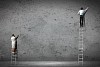 businesspeople standing on ladder drawing diagrams and graphs on wall