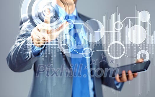 image of businessman touching screen with finger holding pad image of businessman touching screen with finger holding pad