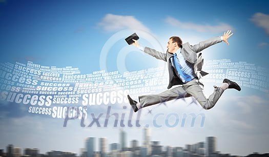 Image of a businessman jumping high against financial background Image of a businessman jumping high against financial background