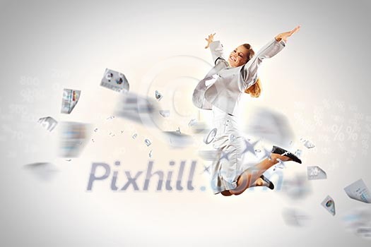 Image of a businesswoman jumping high against financial background Image of a businesswoman jumping high against financial background