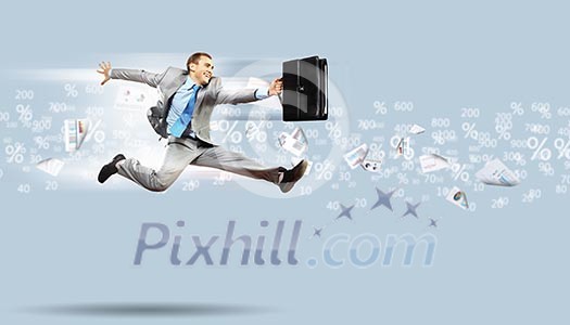 Image of a businessman jumping high against financial background Image of a businessman jumping high against financial background