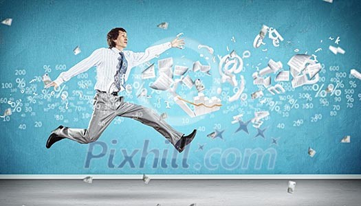Image of a businessman jumping high against financial background Image of a businessman jumping high against financial background