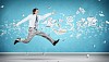 Image of a businessman jumping high against financial background