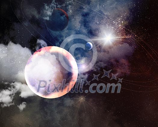 Image of planets in fantastic space against dark background