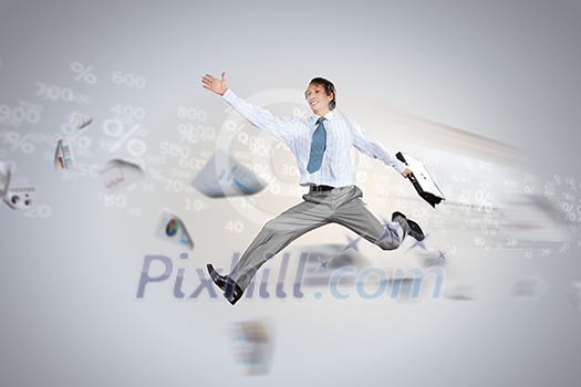 Image of a businessman jumping high against financial background Image of a businessman jumping high against financial background