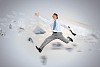 Image of a businessman jumping high against financial background