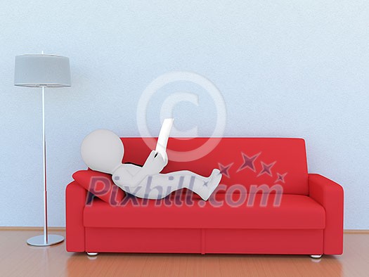 3D man on the red sofa reading papers 3D man on the red sofa reading papers