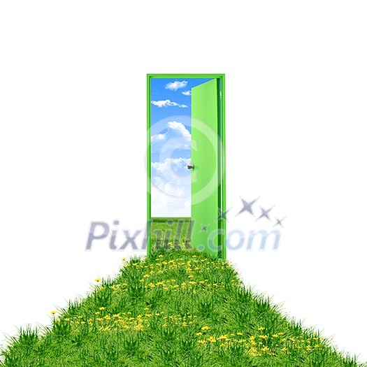 open door leading to beautiful clean nature with green grass and blue sky open door leading to beautiful clean nature with green grass and blue sky