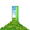 open door leading to beautiful clean nature with green grass and blue sky