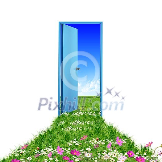 open door leading to beautiful clean nature with green grass and blue sky open door leading to beautiful clean nature with green grass and blue sky