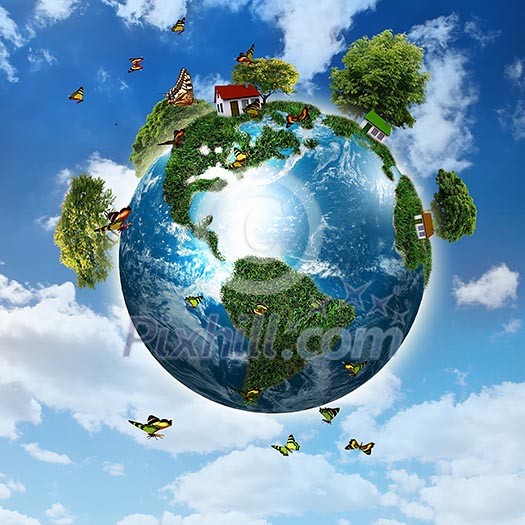 Earth with the different elements on its surface. Humorous collage. Earth with the different elements on its surface. Humorous collage.