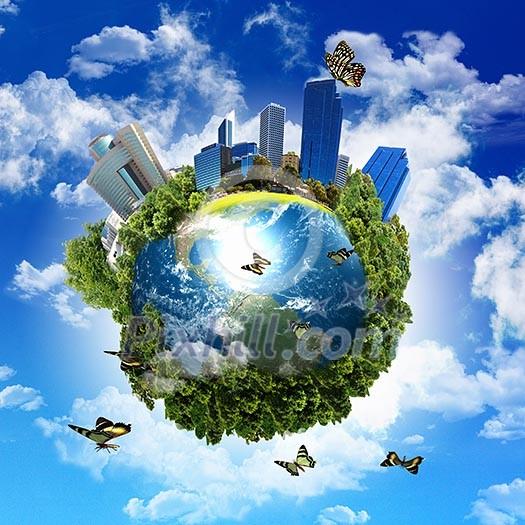 Earth with the different elements on its surface. Humorous collage. Earth with the different elements on its surface. Humorous collage.