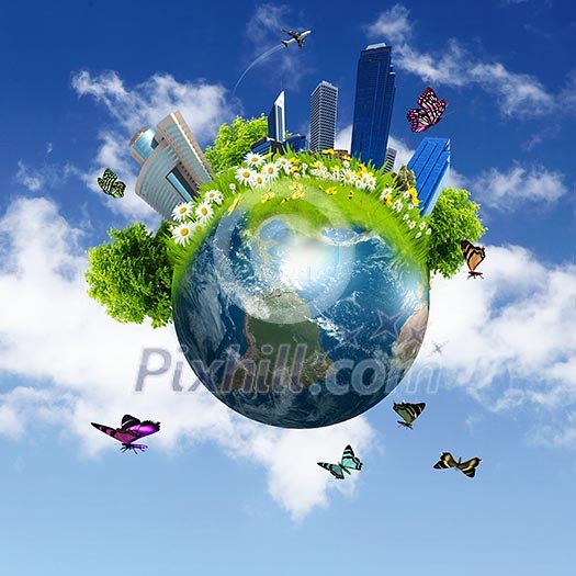 Earth with the different elements on its surface. Humorous collage. Earth with the different elements on its surface. Humorous collage.