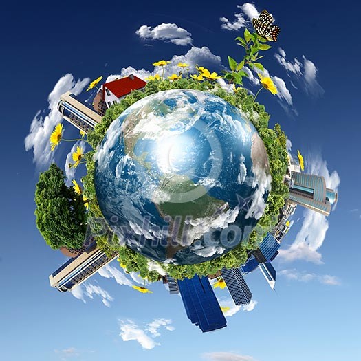 Earth with the different elements on its surface. Humorous collage. Earth with the different elements on its surface. Humorous collage.