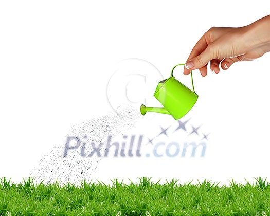 Hand with a small watering can watering green grass Hand with a small watering can watering green grass