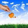 Hand with a small watering can watering green grass