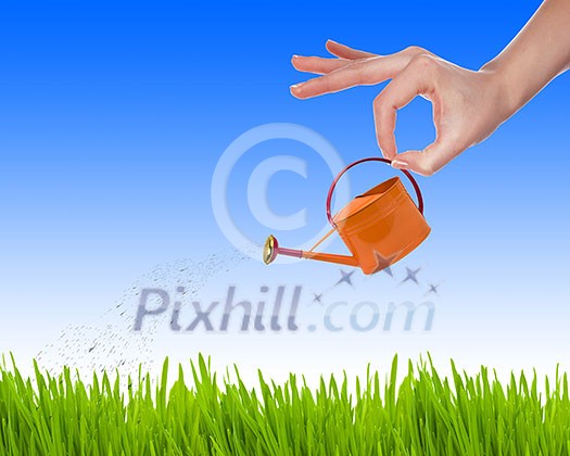 Hand with a small watering can watering green grass Hand with a small watering can watering green grass