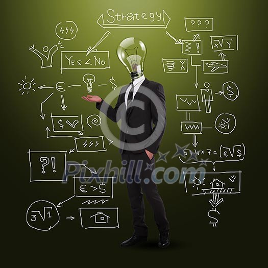 writing businessman with bulb instead of his head writing businessman with bulb instead of his head