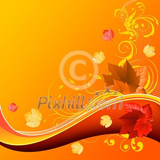 Abstract illustration with lines, arcs and yellow leaves. Abstract illustration with lines, arcs and yellow leaves.