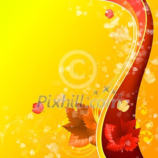 Abstract illustration with lines, arcs and yellow leaves. Abstract illustration with lines, arcs and yellow leaves.