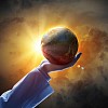 Hand of businessman holding earth planet against illustration background