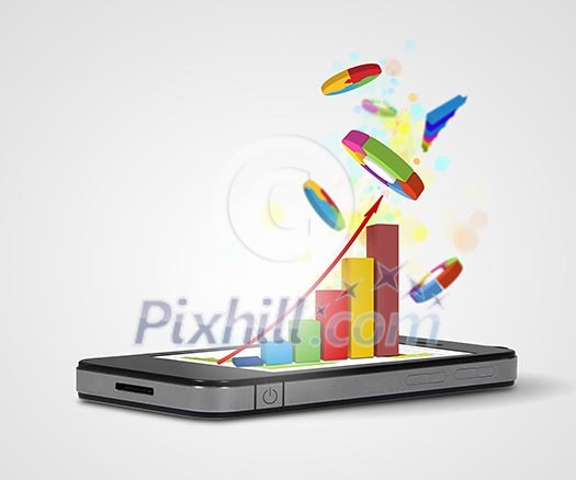 The Pad and three-dimensional graphics on gray background . illustration The Pad and three-dimensional graphics on gray background . illustration