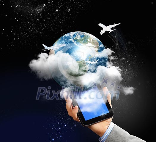 Image of businessman hands touching pad with virtual illustration Image of businessman hands touching pad with virtual illustration